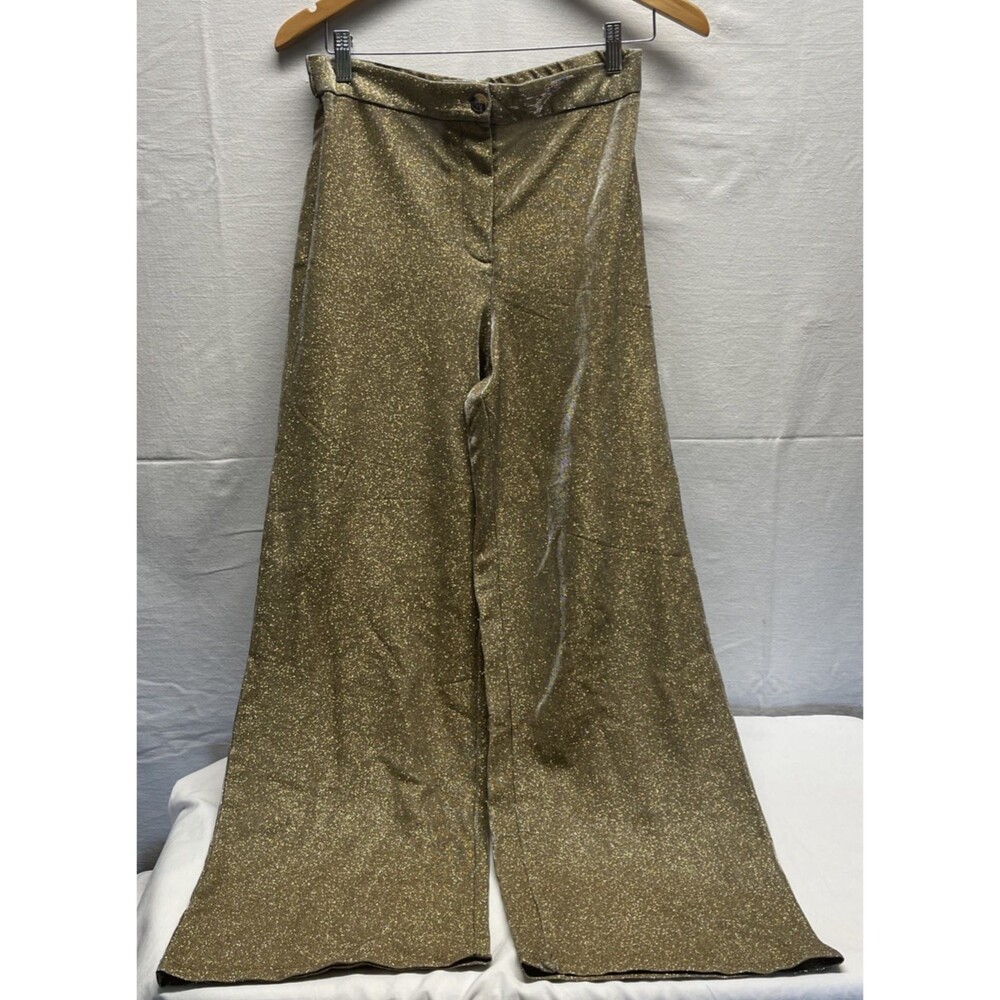 Ce Ce Gold Metallic Shimmer Knit Pull On Trouser Dress Party Pants Wide Leg M
